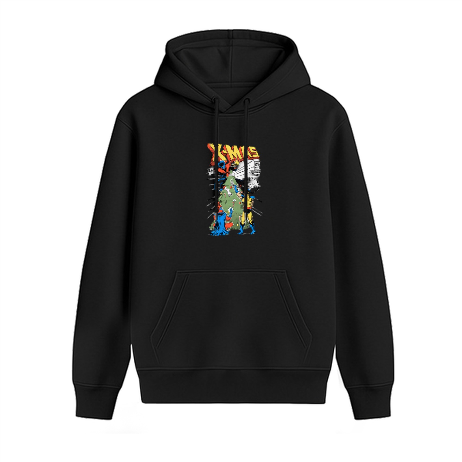 Black hoodie with retro X-Men comic style graphic print