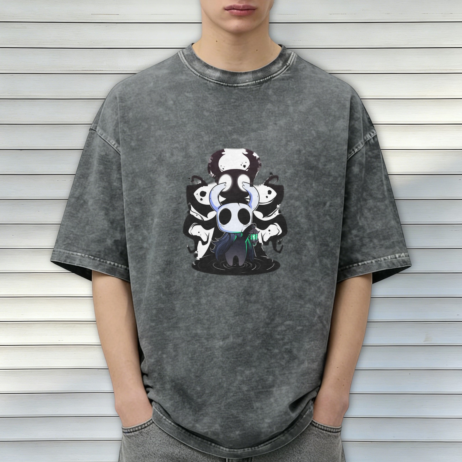 Hollow Knight themed washed distressed black loose short-sleeved T-shirt