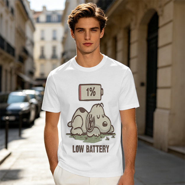 Olive T-Shirt With Tired Dog 1% Battery Graphic Print