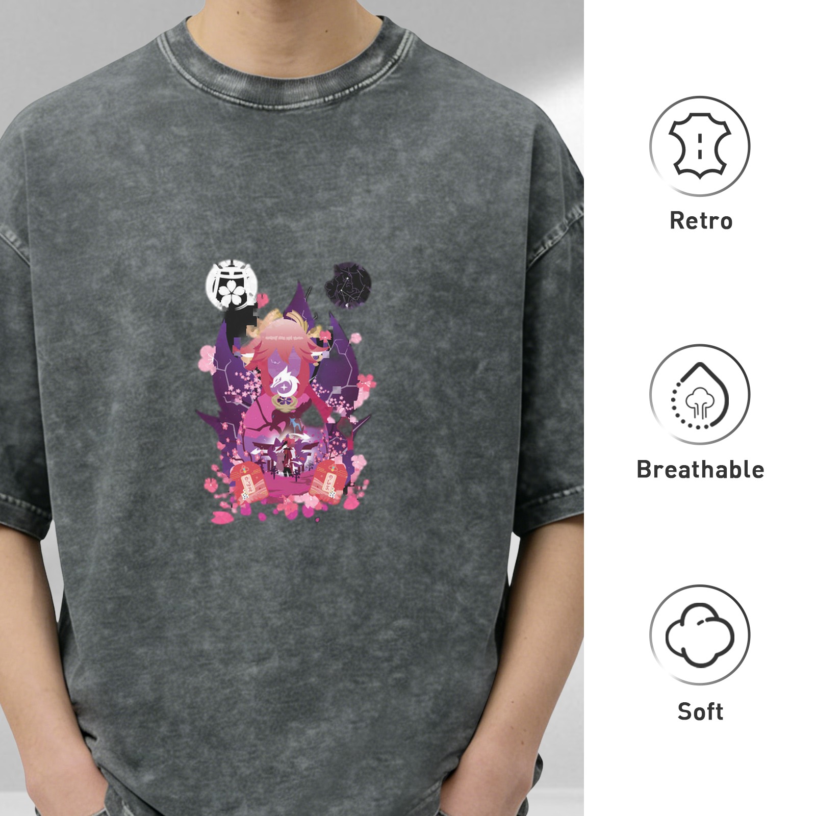 Washed Black Anime Graphic T-Shirt with Cherry Blossom Design