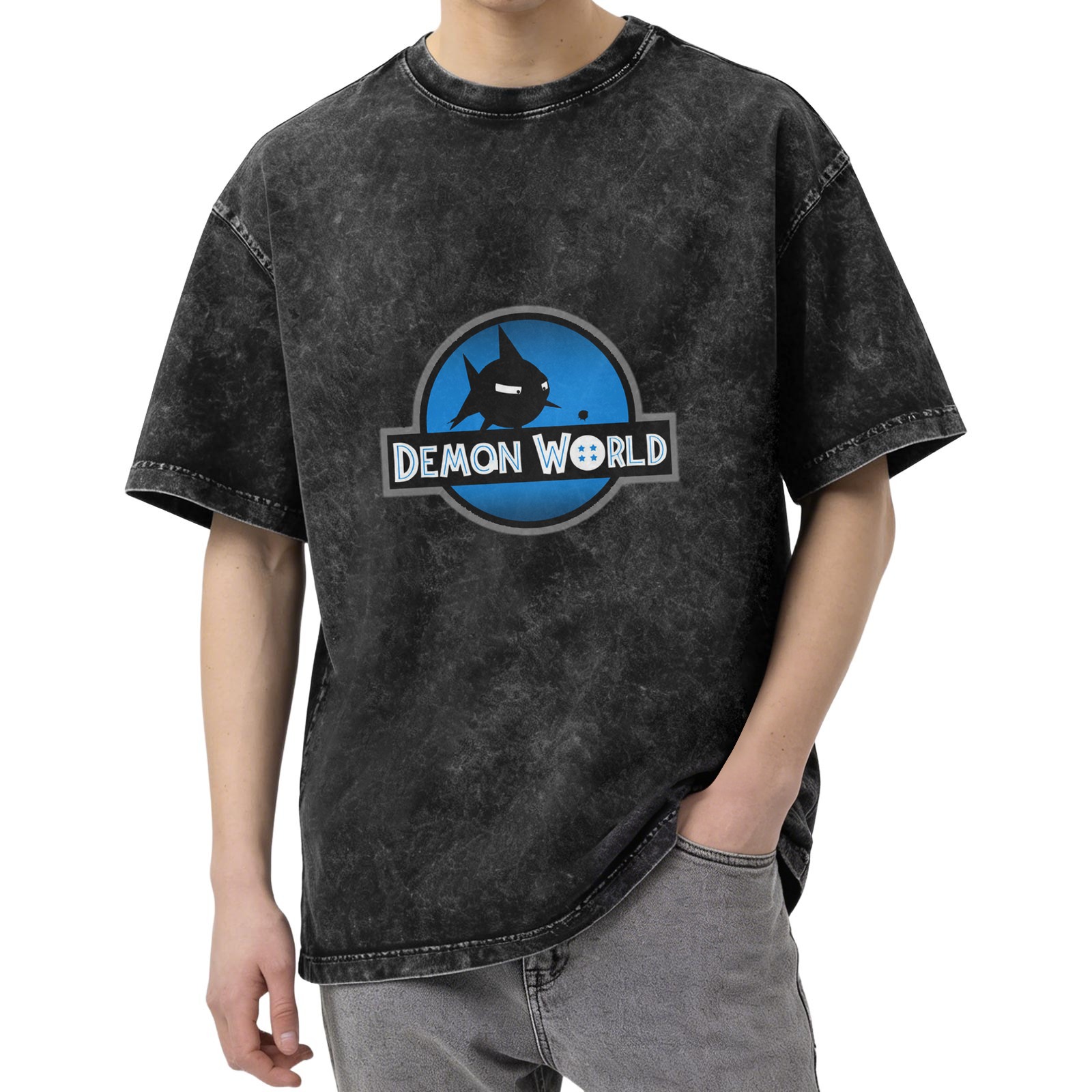 Oversized Acid Wash T-Shirt with Demon World Graphic Print