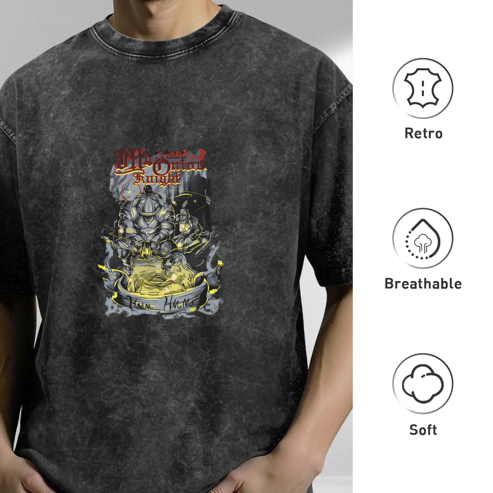 Oversized Stonewashed Black T-Shirt With Fantasy Knight Graphic Print