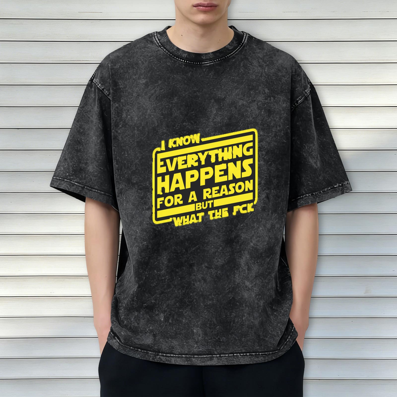 Washed black graphic t-shirt with 'I know everything happens for a reason but what the fck' text