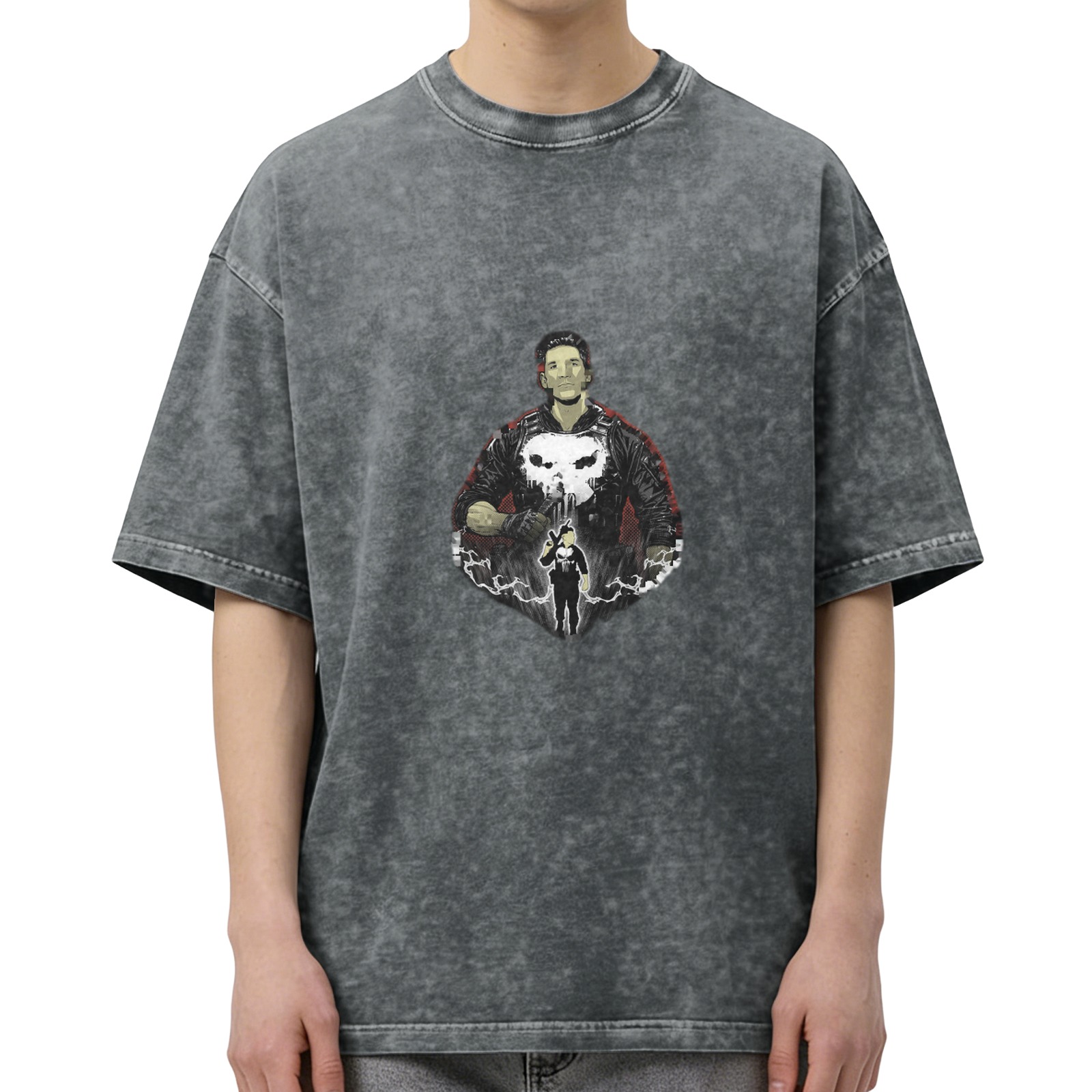 Oversized Stonewashed T-Shirt With Punisher Skull Graphic