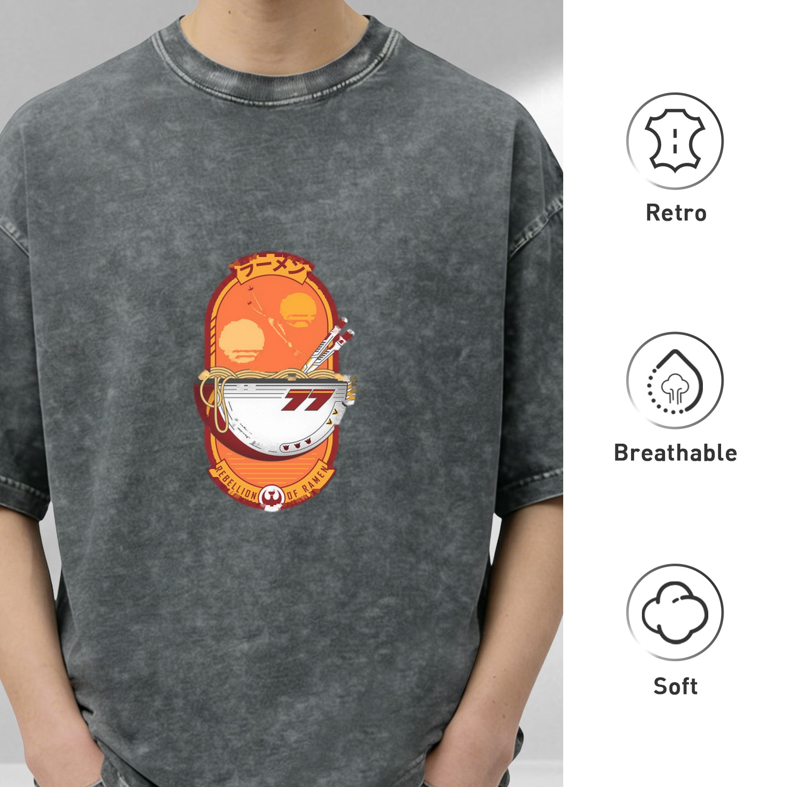 Oversized Dark Wash T-Shirt With Racer Ramen Graphic