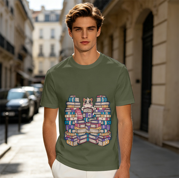 Olive T-shirt with a cute cat reading between stacks of colorful books