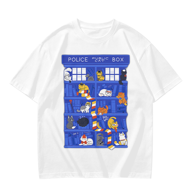 Olive T-Shirt with Police Box and Playful Cats Graphic