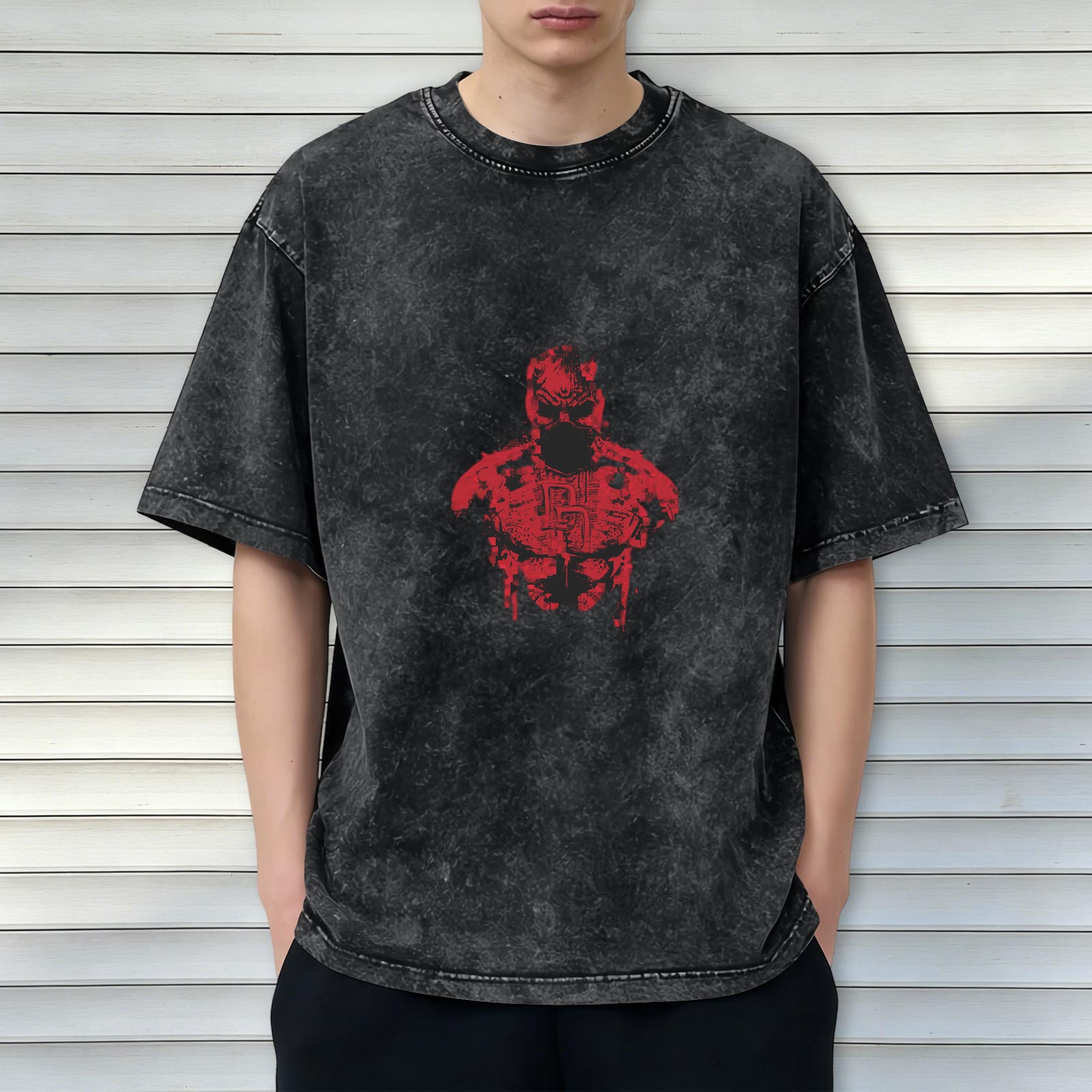Washed Black T-Shirt With Red Superhero Graphic Print