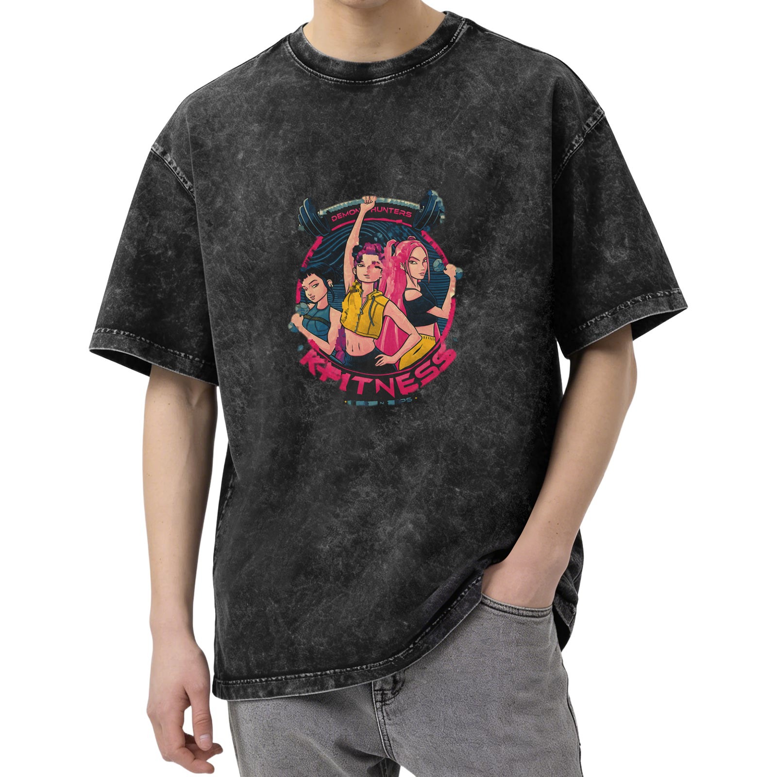 Washed Black Graphic T-Shirt with Anime Demon Hunters Fitness Design