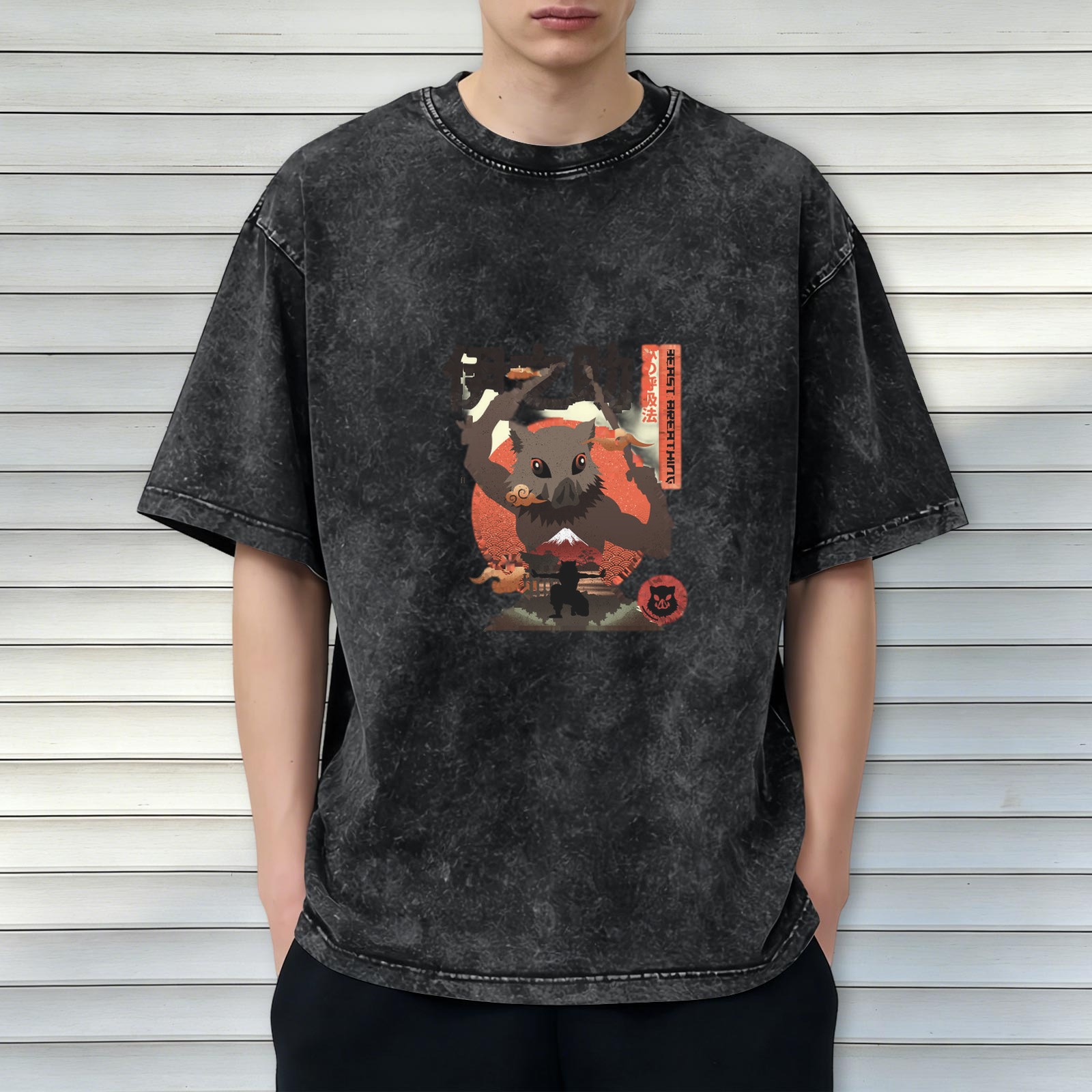 Demon Slayer: Kimetsu no Yaiba Inosuke themed washed distressed short-sleeved T-shirt