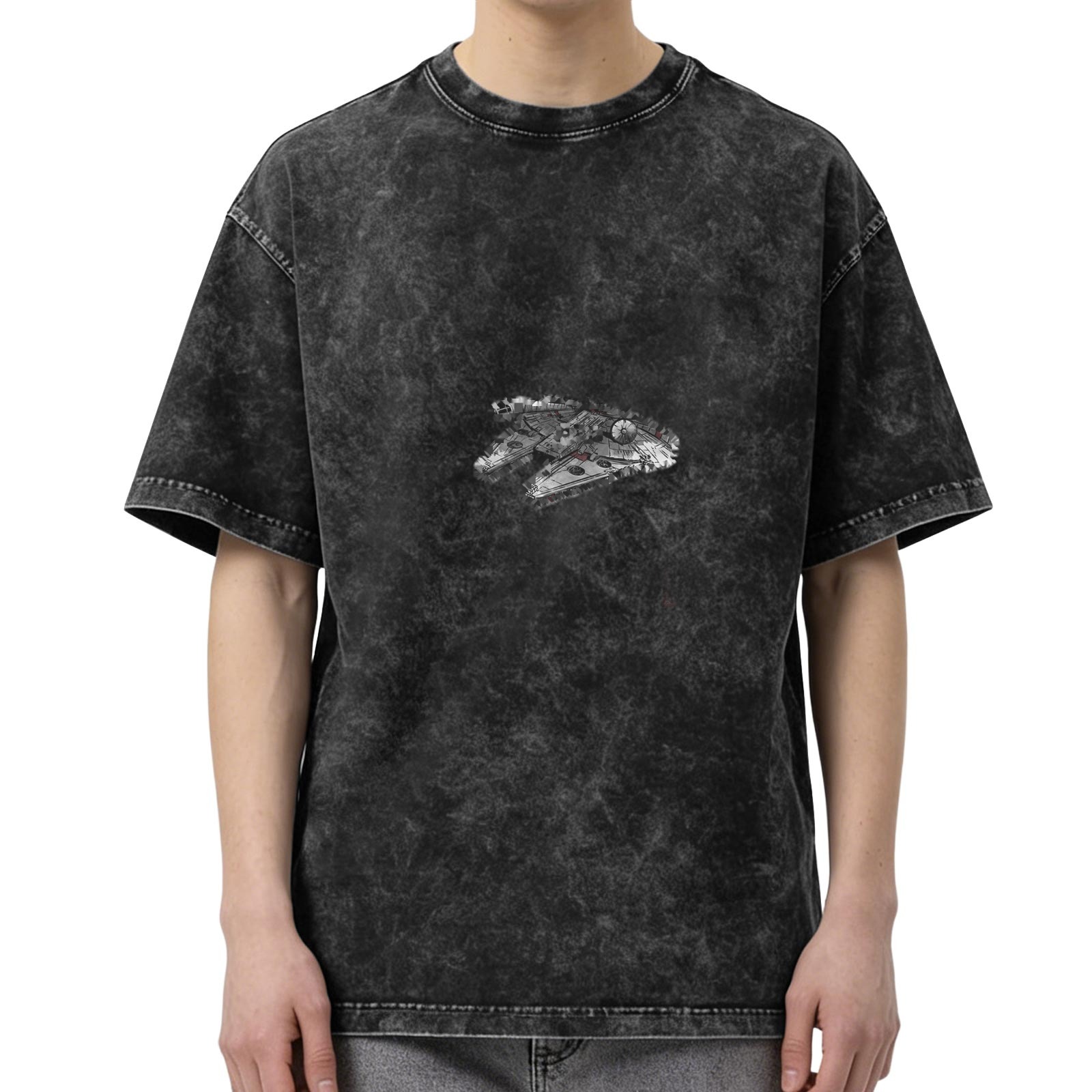 Distressed black short-sleeved T-shirt Star Wars Millennium Falcon pattern loose casual top