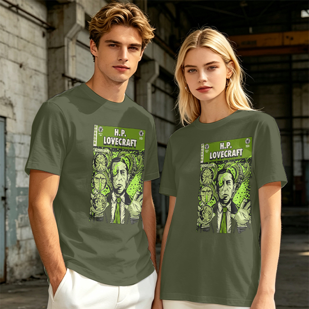H.P. Lovecraft Comic Print Graphic Olive T-Shirt