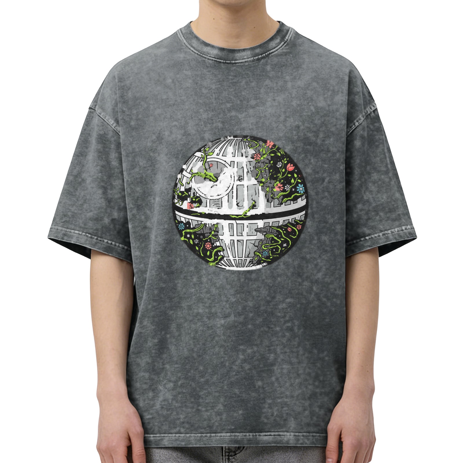 Oversized Acid Wash T-Shirt with Overgrown Death Star Graphic