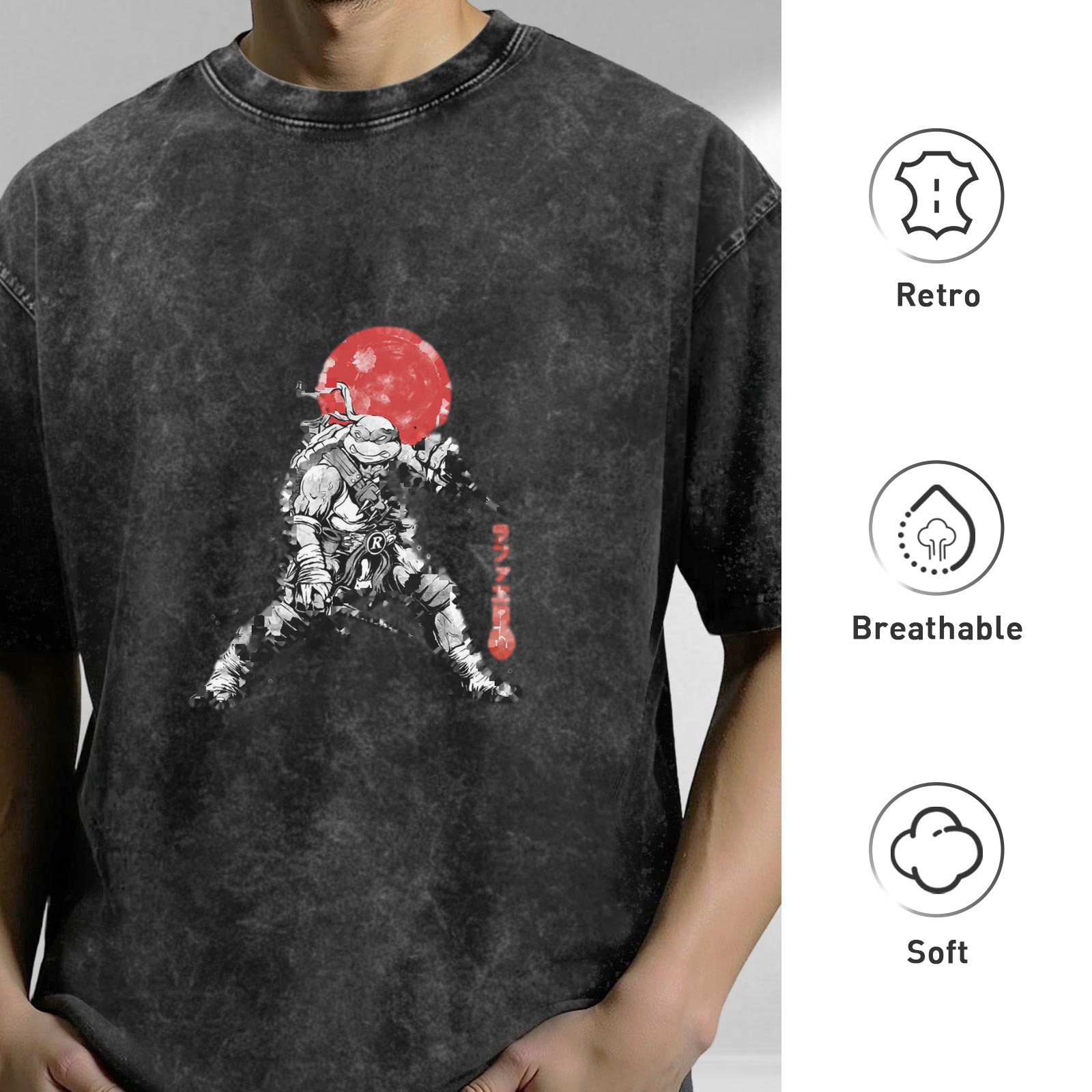 Washed black t-shirt with ninja turtle warrior graphic and red moon design