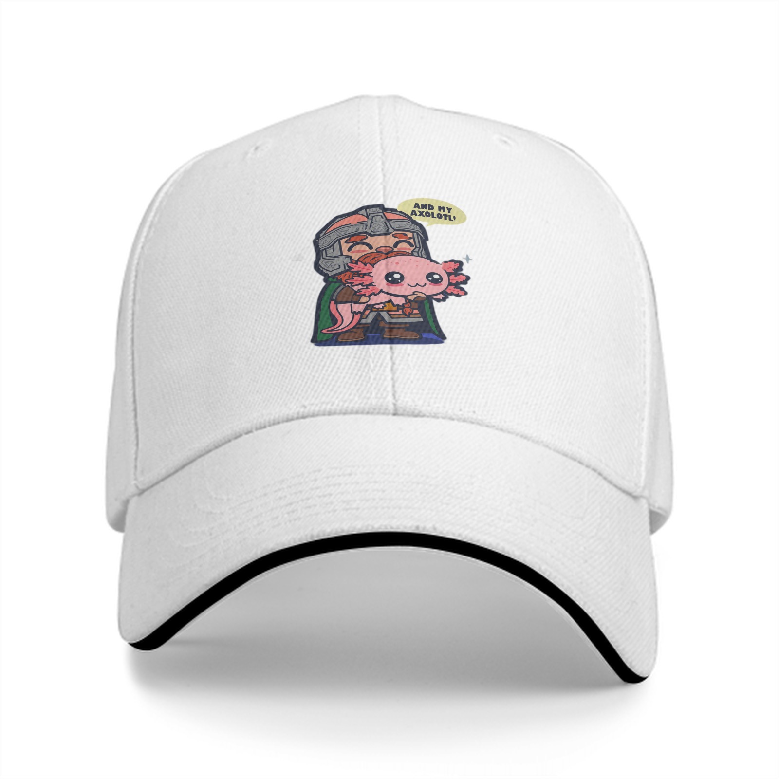 Black baseball cap with dwarf holding axolotl graphic