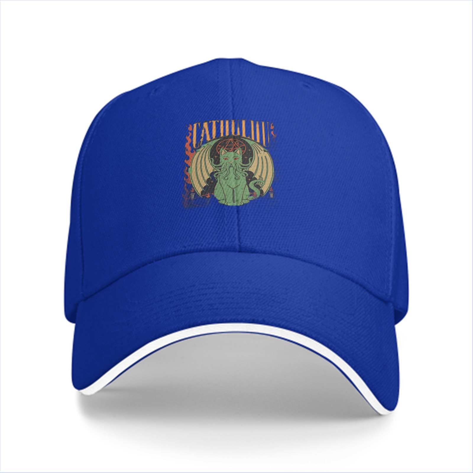Black baseball cap with Cthulhu cat graphic design