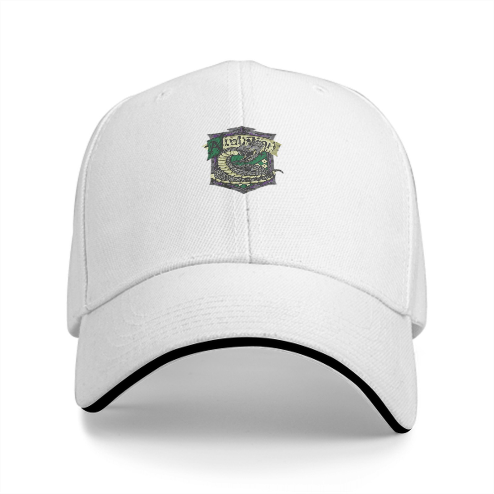 Black baseball cap with Slytherin-style serpent crest emblem