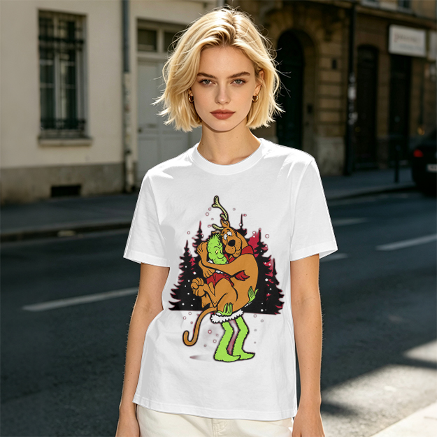Olive Christmas T-Shirt Featuring Scooby-Doo Hugging The Grinch