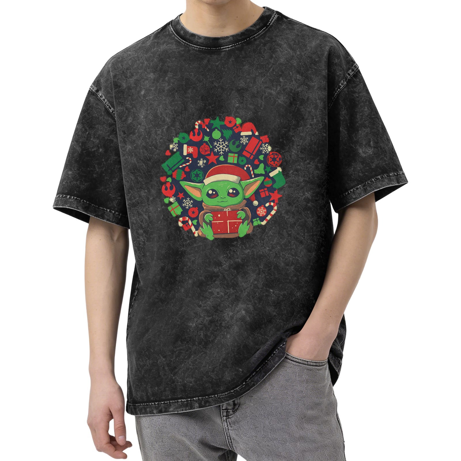 Baby Yoda Christmas Wreath Graphic Stonewashed Black T-Shirt