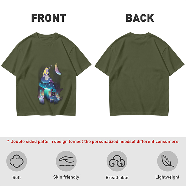 Olive T-Shirt with Alice in Wonderland Galaxy Mushroom Art