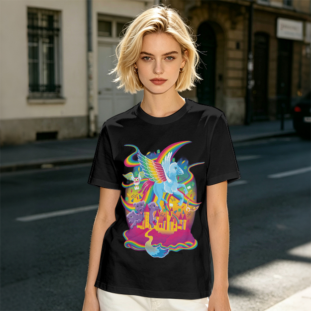 Olive T-Shirt With Whimsical Rainbow Fantasy Creature Castle Art