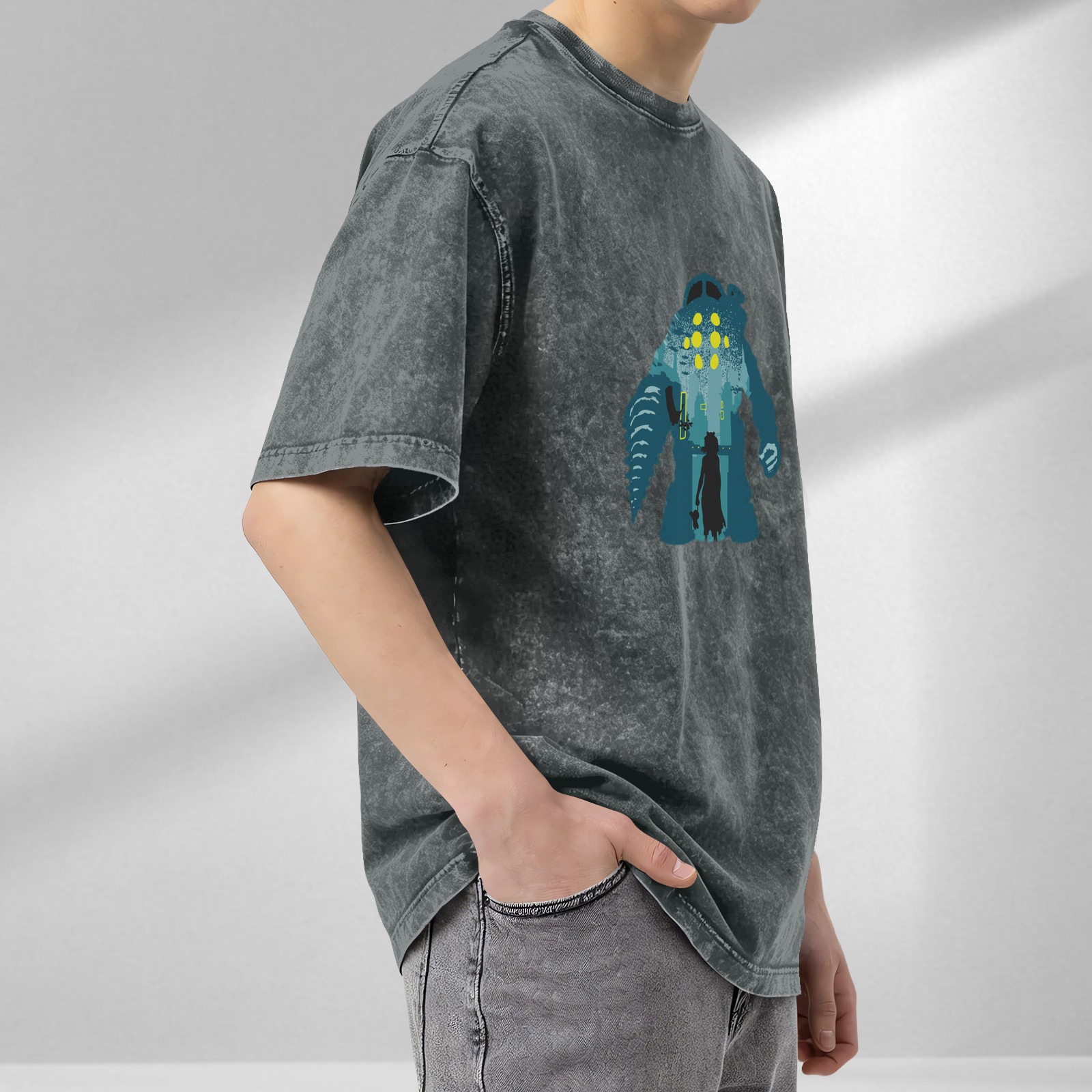 Washed Black Oversized T-Shirt with Underwater Monster and Girl Graphic