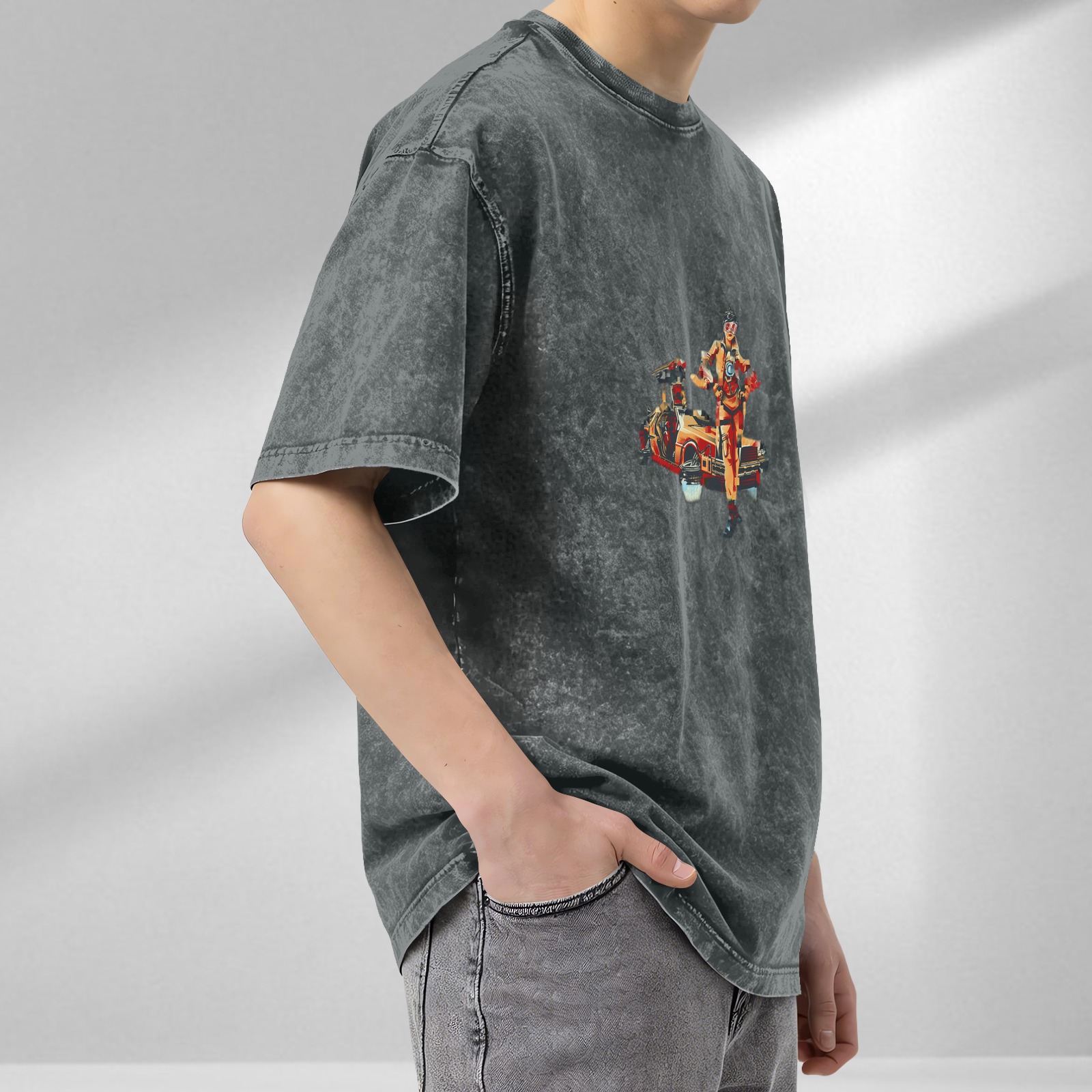 Oversized Acid Wash T-Shirt With Retro Sci-Fi Car And Character Print