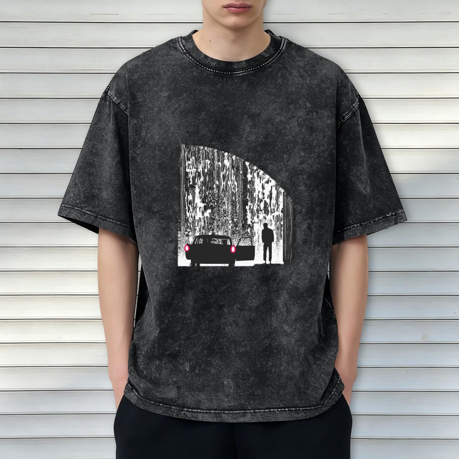 Oversized Acid Wash T-Shirt With Rainy Night Car Silhouette Graphic