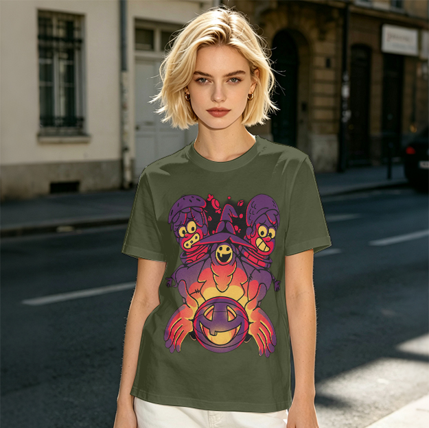 Olive T-Shirt With Halloween Three-Headed Witch And Jack-O'-Lantern Print