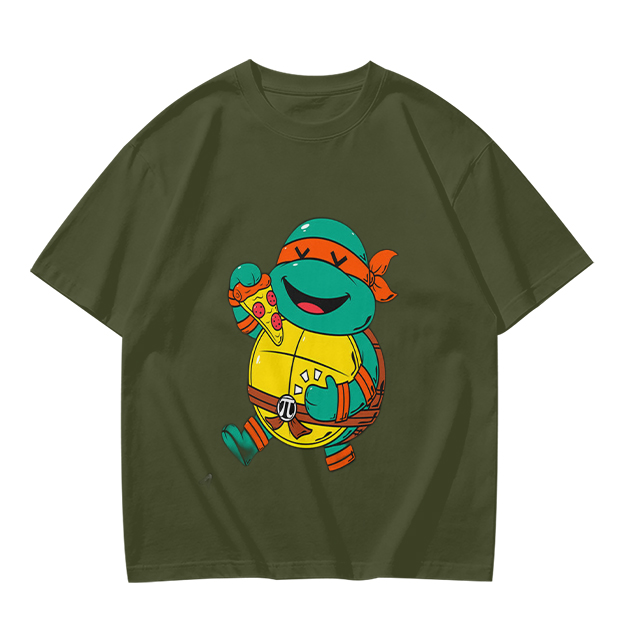 Olive T-shirt with cartoon ninja turtle holding pizza graphic