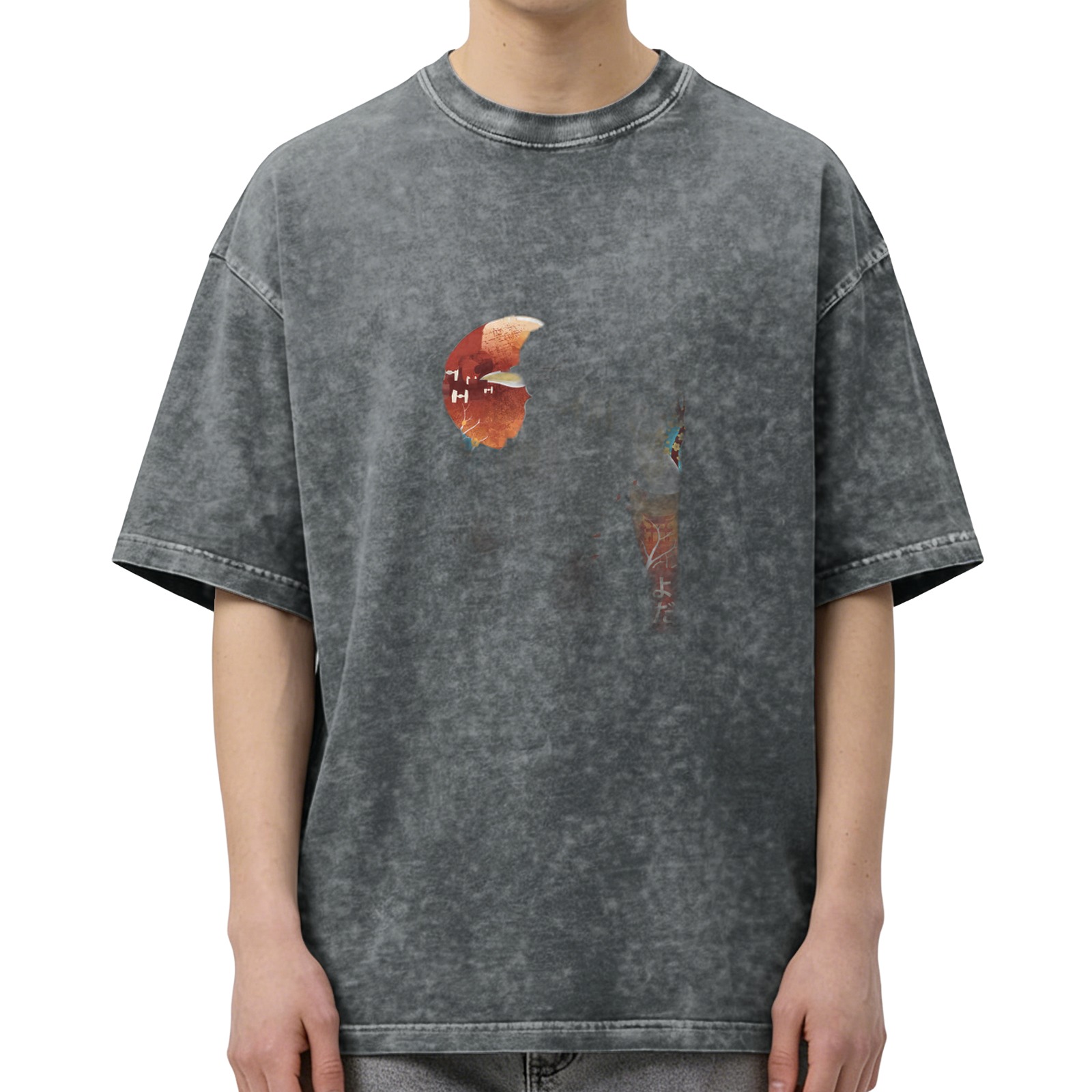 Oversized Acid Wash Graphic T-Shirt with Abstract Art Print