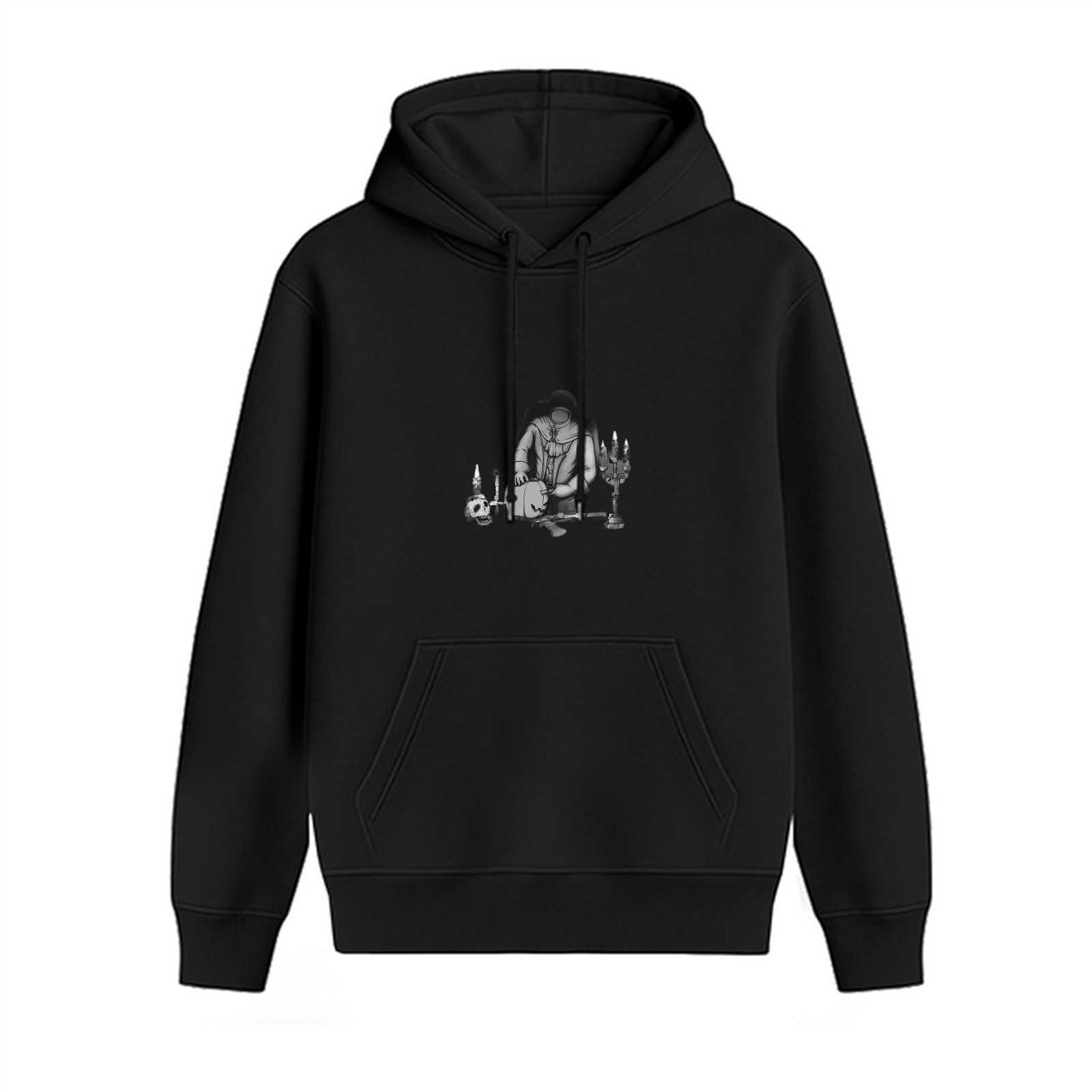 Black Hoodie With Gothic Candle and Figure Graphic Print