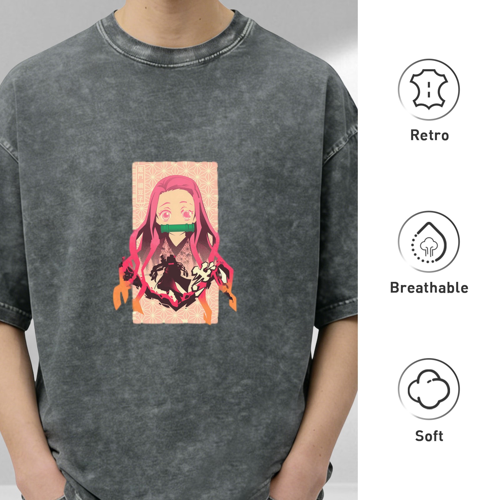 Demon Slayer: Kimetsu no Yaiba Nezuko themed distressed washed black short-sleeved T-shirt anime peripheral loose casual top