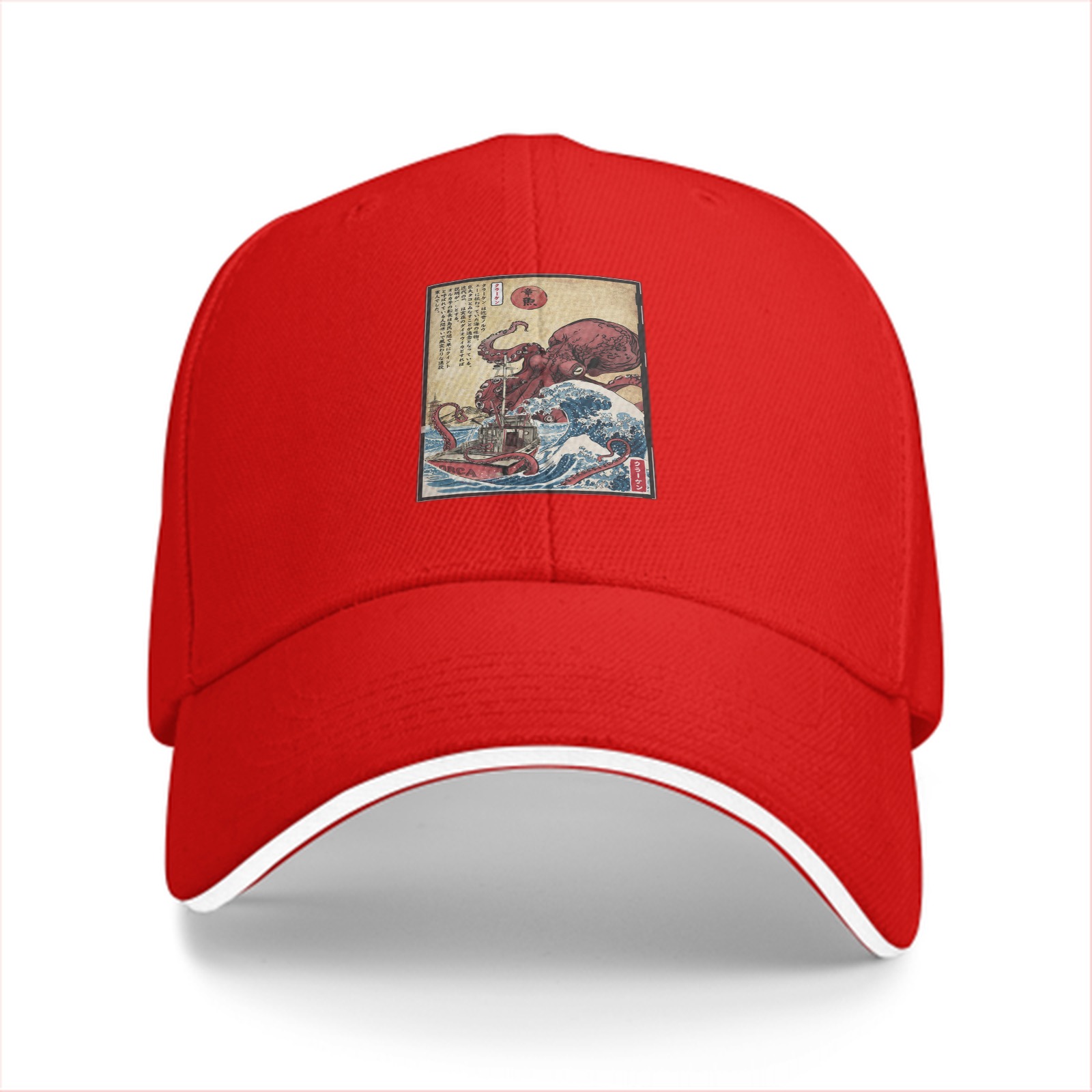 Black Baseball Cap with Japanese Octopus Wave Art Print