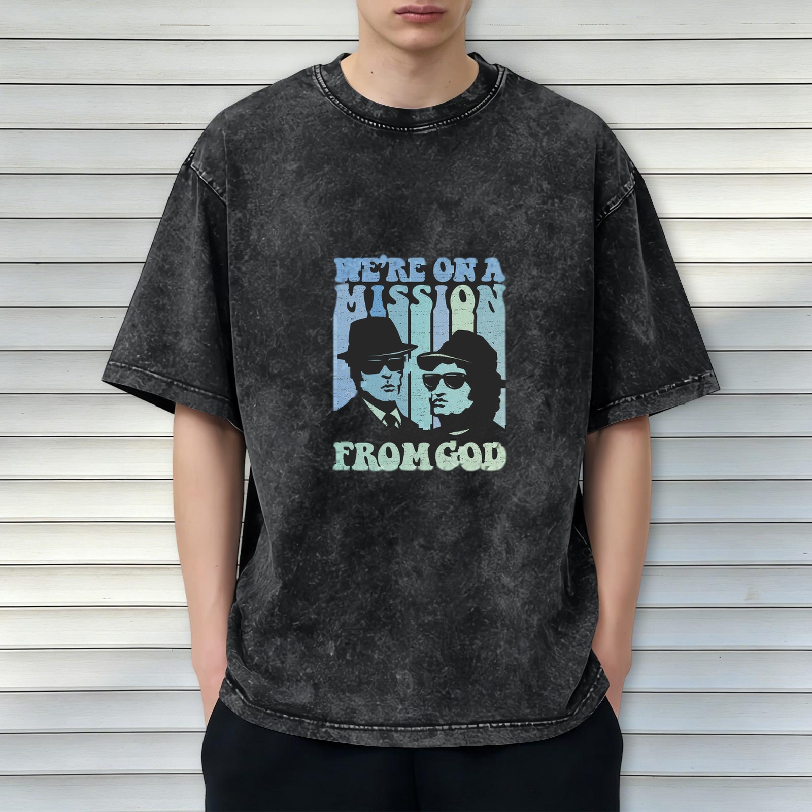 Retro washed black short-sleeved T-shirt Blues Brothers themed print 'We're On A Mission From God' distressed casual top