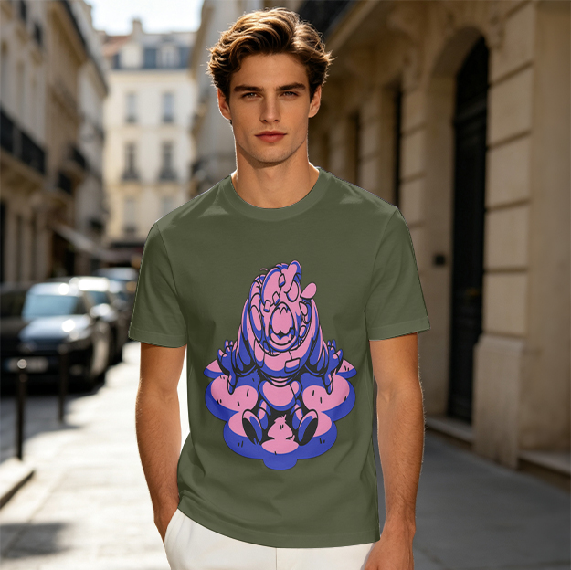 Olive Green T-Shirt with Pink and Blue Cartoon Monster Print