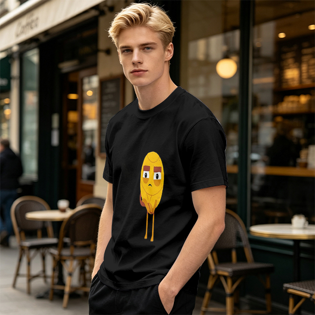 Olive T-Shirt With Sad Yellow Cartoon Character Print