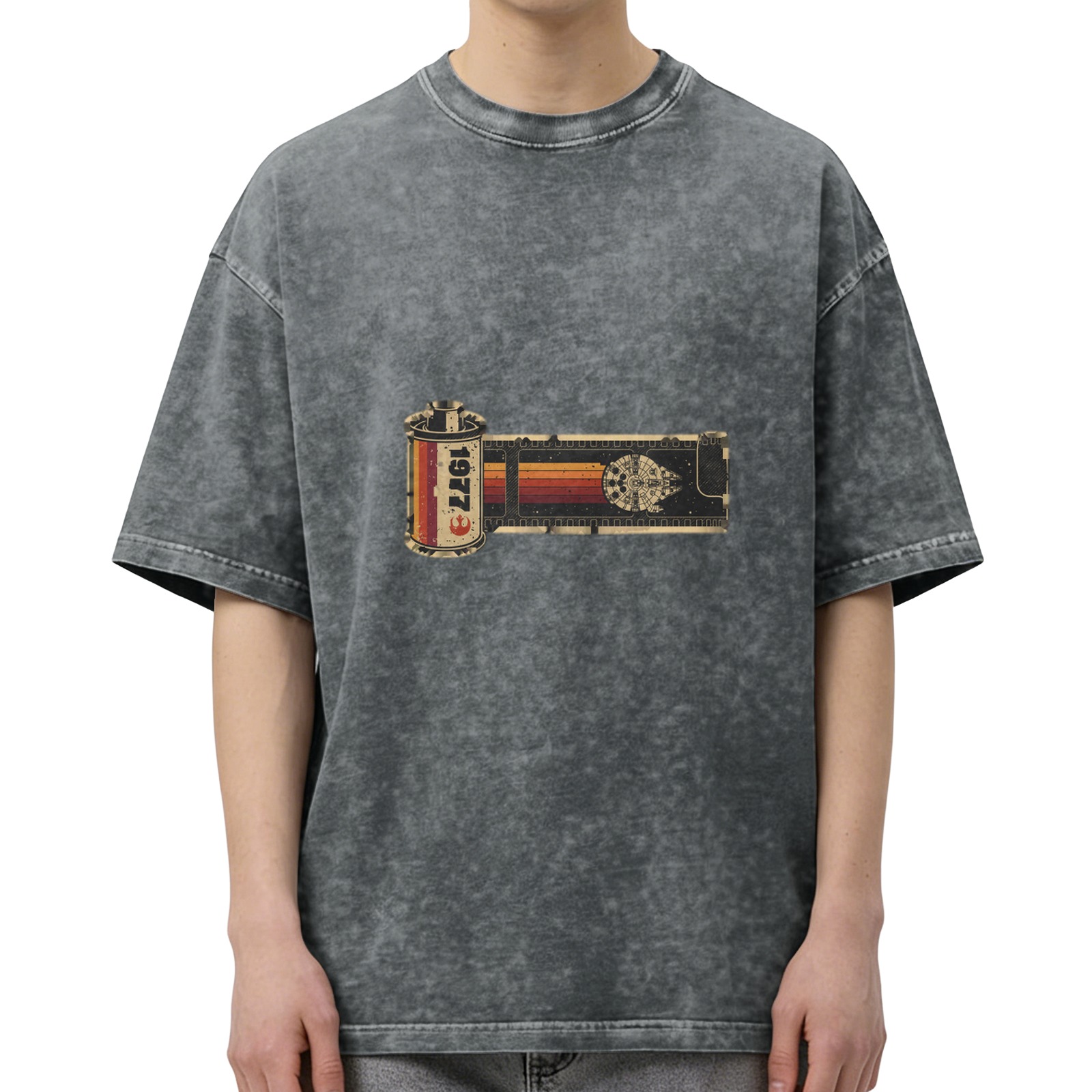 Oversized Acid Wash T-Shirt with 1977 Film Reel Graphic