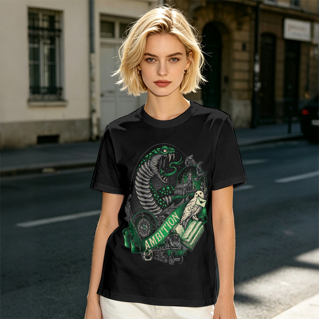 Olive Green T-Shirt With Slytherin Ambition Snake Owl Graphic