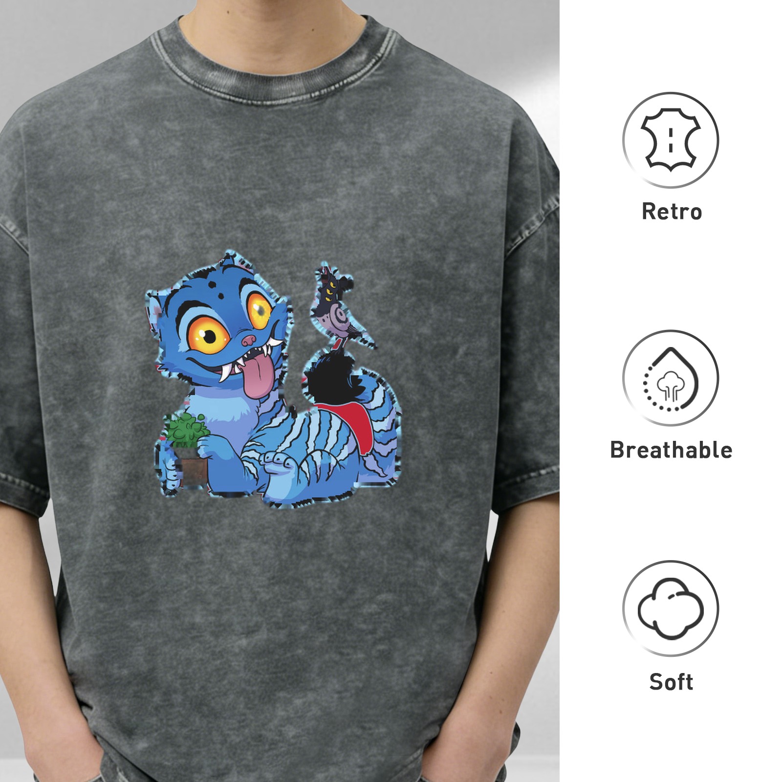 Washed black graphic t-shirt with playful blue fantasy cat print