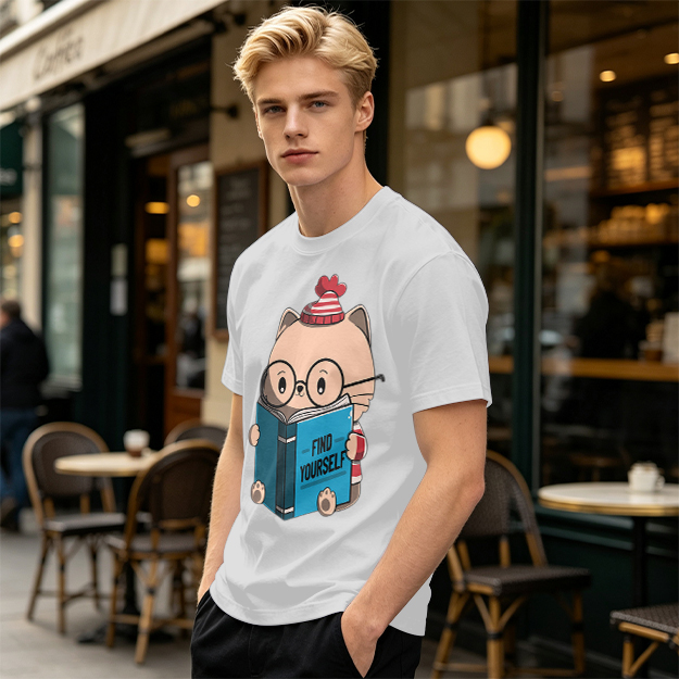 Olive T-shirt with Cute Reading Cat Graphic 'Find Yourself'