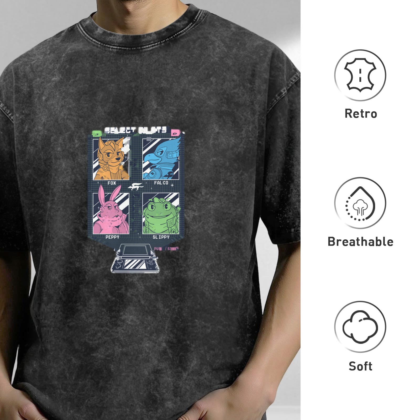 Vintage Black T-Shirt With Retro Video Game Character Select Screen Graphic
