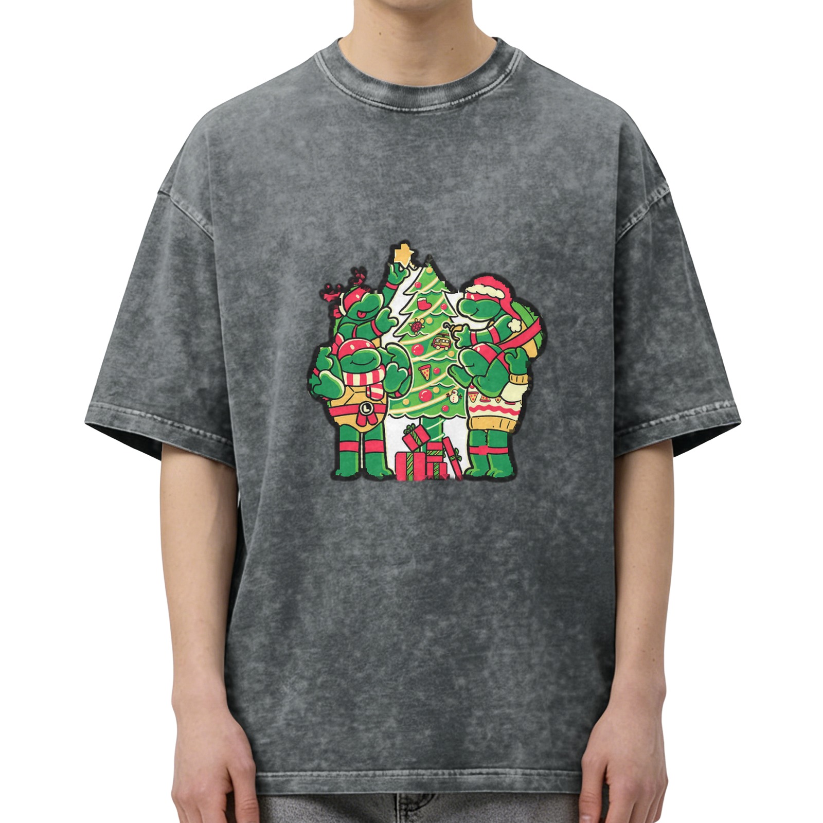 Washed Black T-Shirt with Teenage Mutant Ninja Turtles Christmas Design