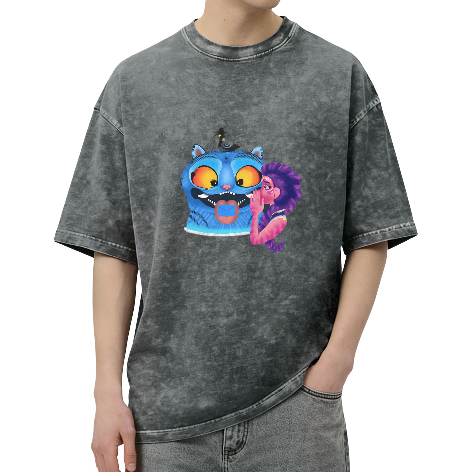 Oversized Dark Wash T-Shirt With Whispering Purple Haired Girl And Blue Cat Graphic