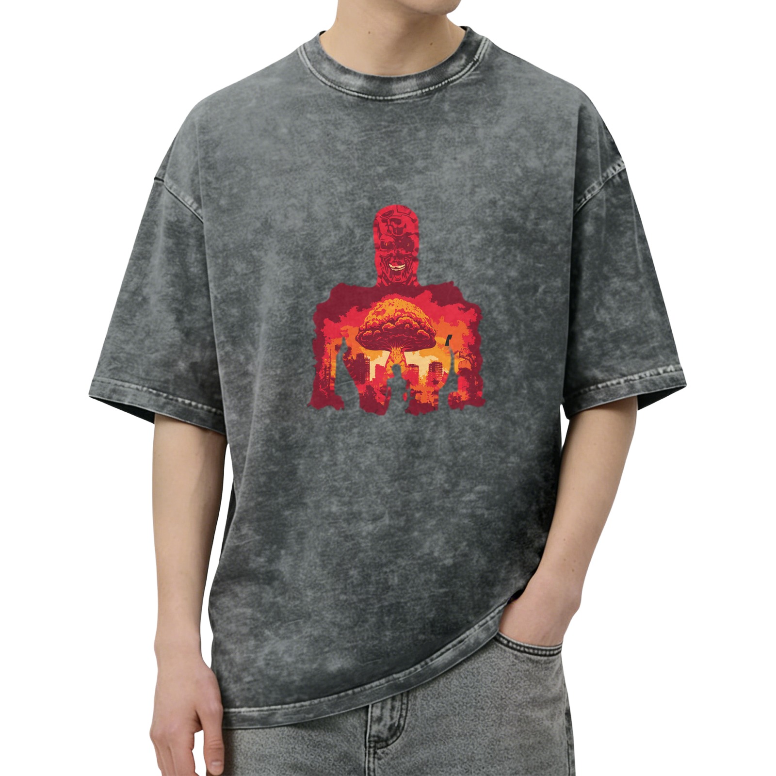 Oversized Acid Wash T-Shirt with Nuclear Explosion Skull Art