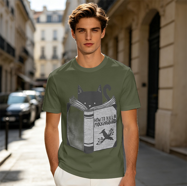 Olive T-Shirt With Black Cat Reading How To Kill A Mockingbird Book Print