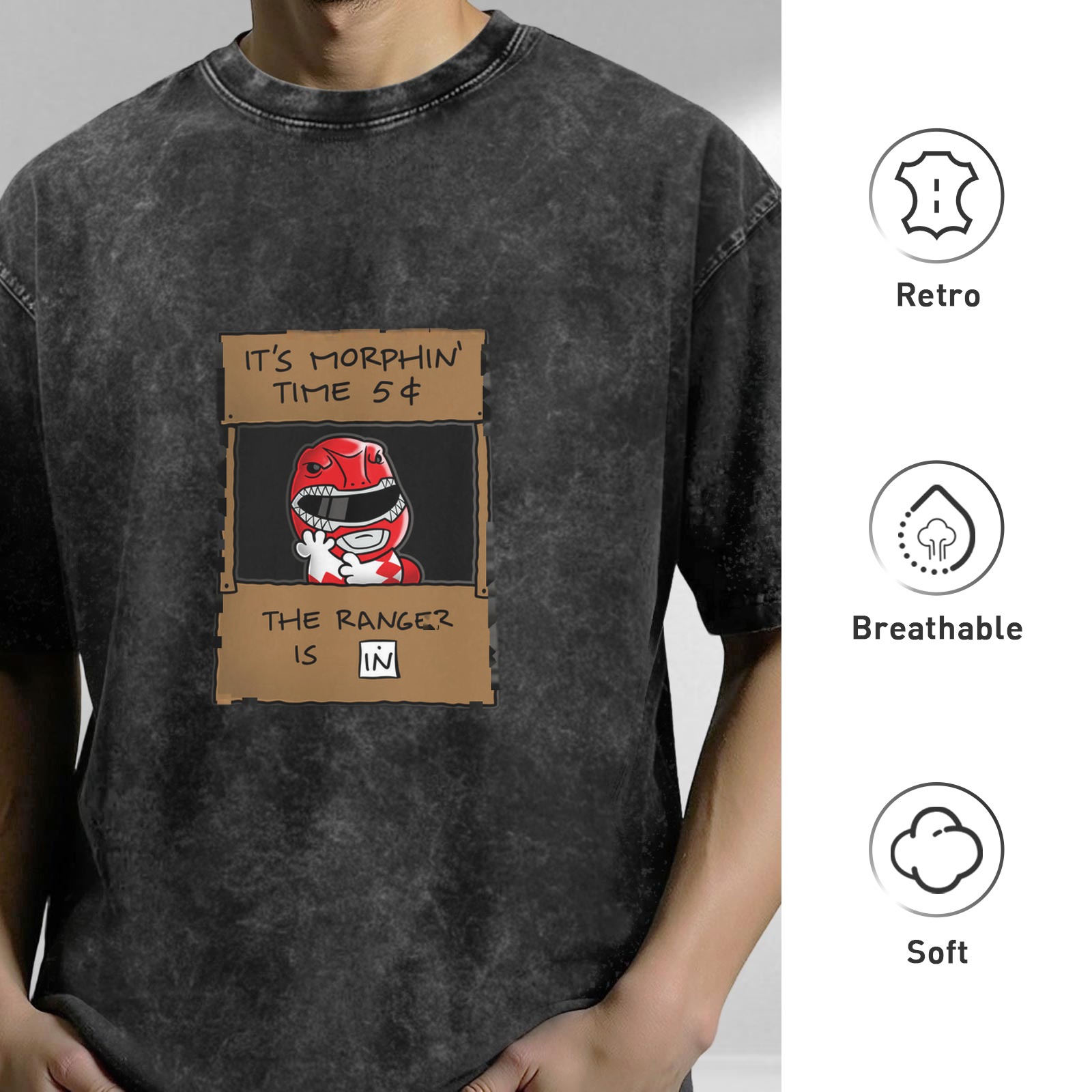 Oversized acid wash t-shirt with Power Rangers 'It's Morphin Time' graphic