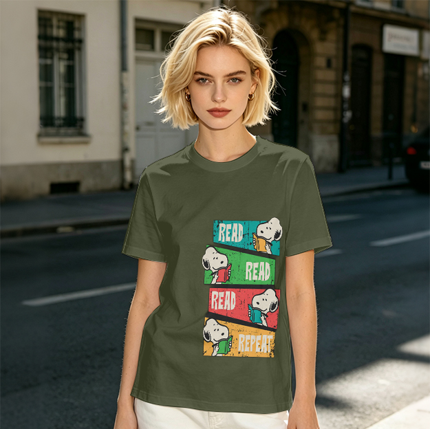 Olive T-Shirt with Snoopy Read Repeat Reading Graphic